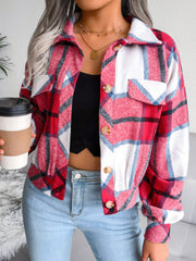 Plaid Collared Neck Long Sleeve Jacket
