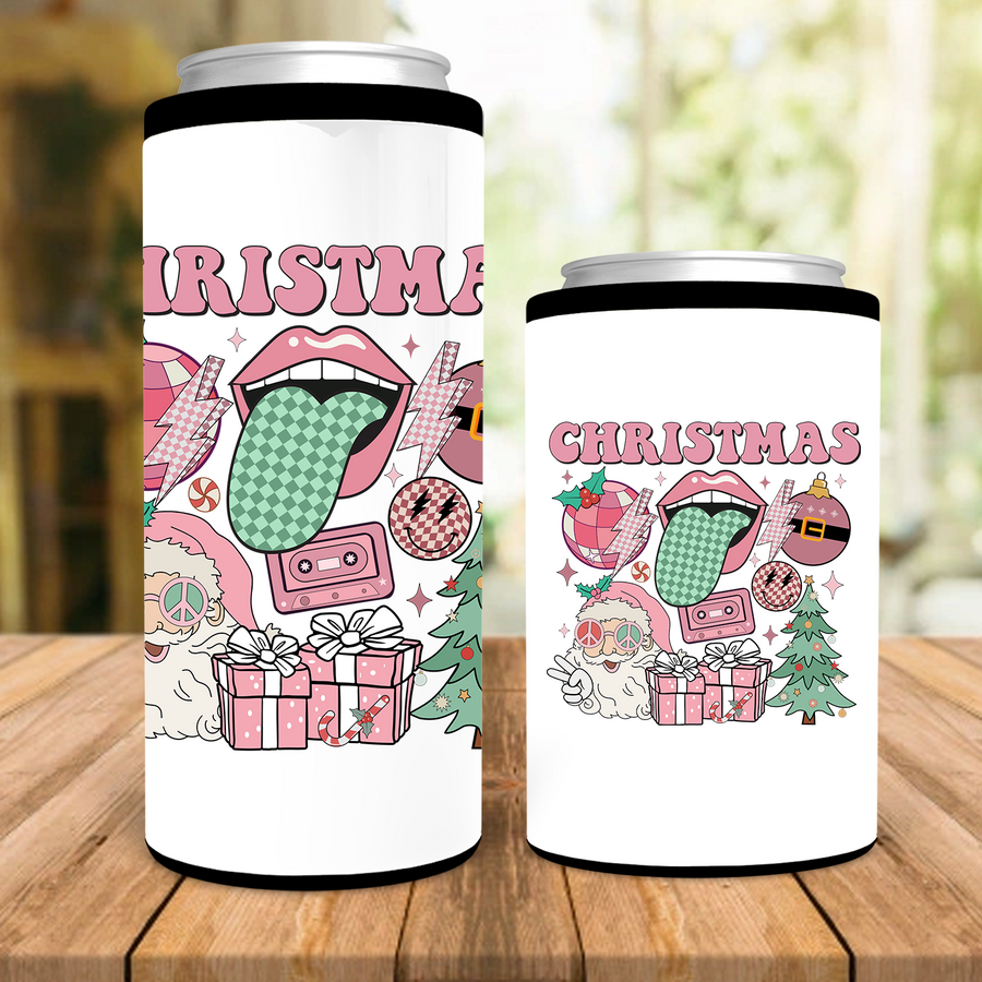Retro Pink Christmas Can Cooler