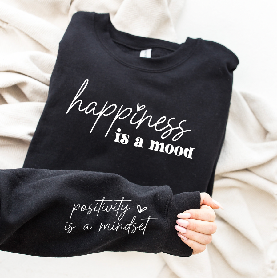 Happiness is a Mood Heavy Blend Sweatshirt (Front and Sleeve)