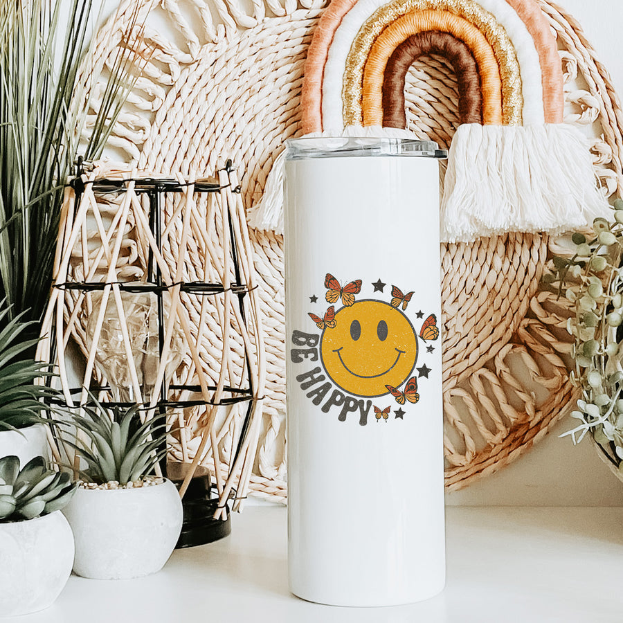 Be Happy Smiley Face Skinny Tumbler