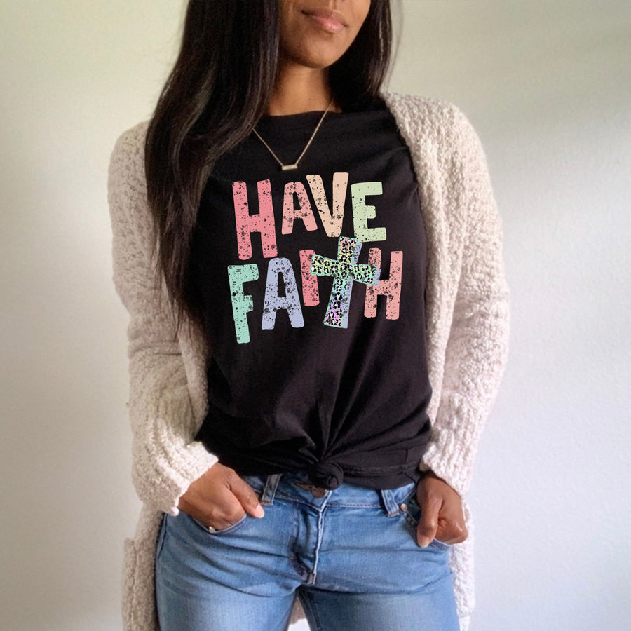 Have Faith Distressed Leopard Cross T-shirt