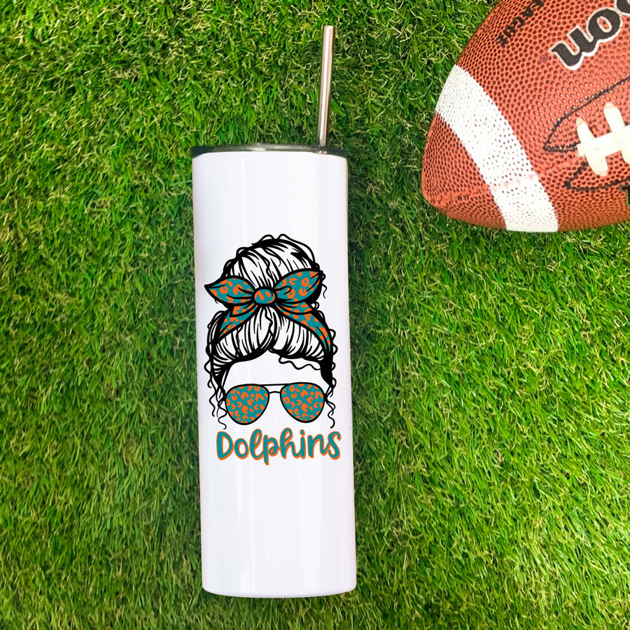 Dolphins Leopard Messy Bun Skinny Tumbler