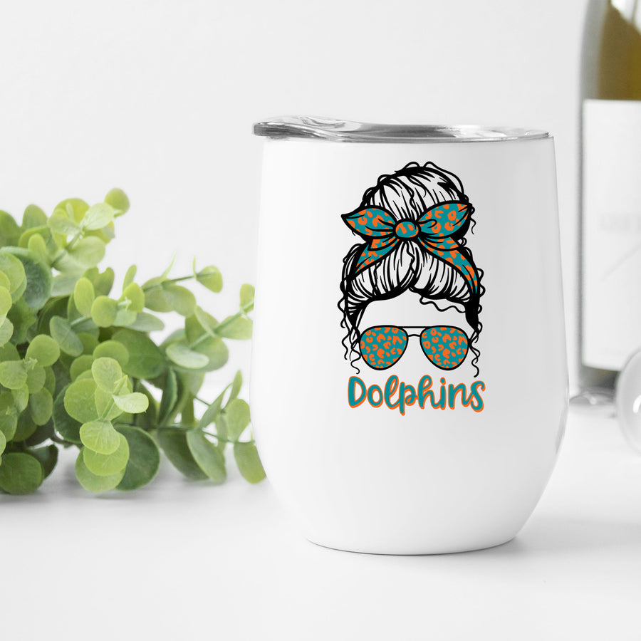 Dolphins Leopard Messy Bun Wine Tumbler