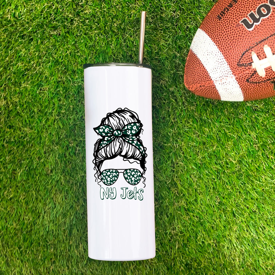 Jets Leopard Messy Bun Skinny Tumbler