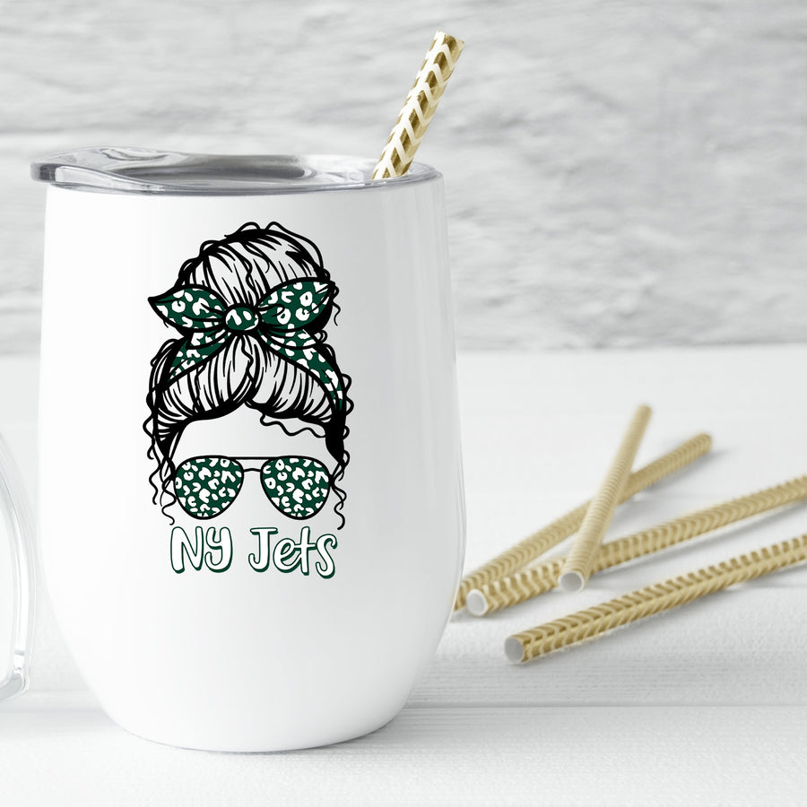 Jets Leopard Messy Bun Wine Tumbler