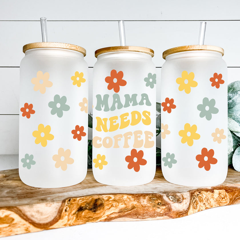 Mama Needs Coffee Retro Glass Can Tumbler