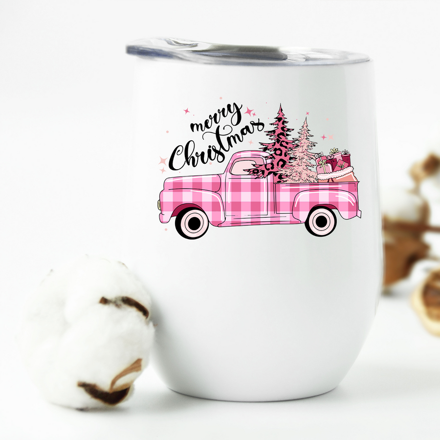 Merry Christmas Pink Plaid Truck Wine Tumbler