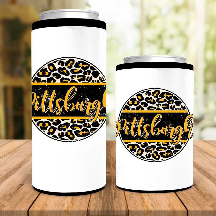 Pittsburgh Distressed Leopard Circle Can Cooler