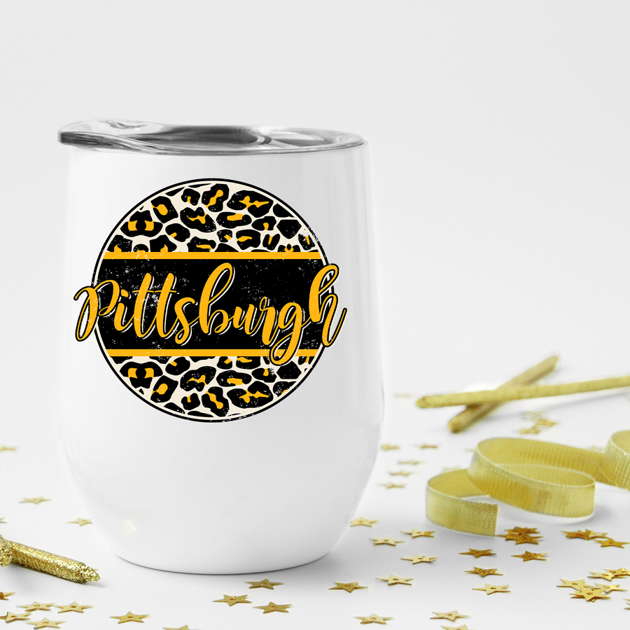 Pittsburgh Distressed Leopard Circle Wine Tumbler