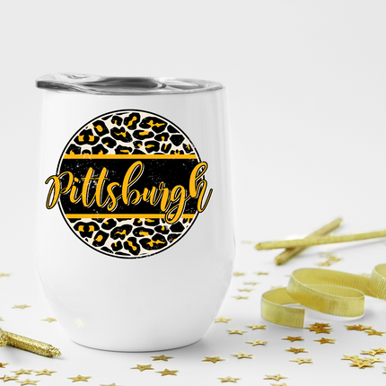 Pittsburgh Distressed Leopard Circle Wine Tumbler