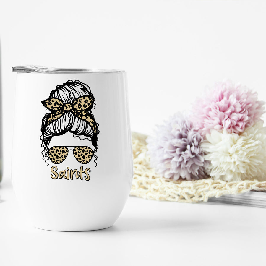 Saints Leopard Messy Bun Wine Tumbler