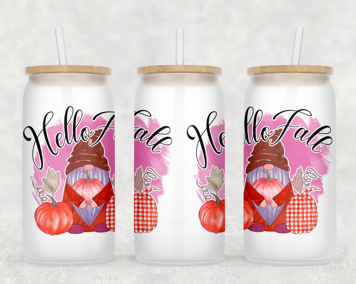 Hello Fall Gnome Glass Can Tumbler