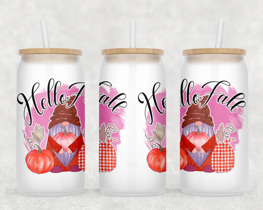 Hello Fall Gnome Glass Can Tumbler