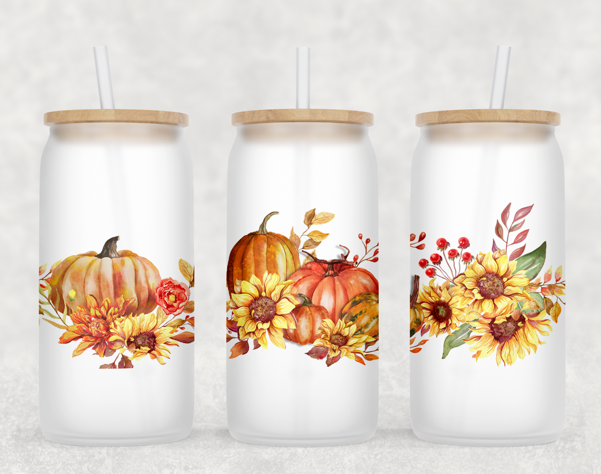 Fall Floral Pumpkin Glass Can Tumbler