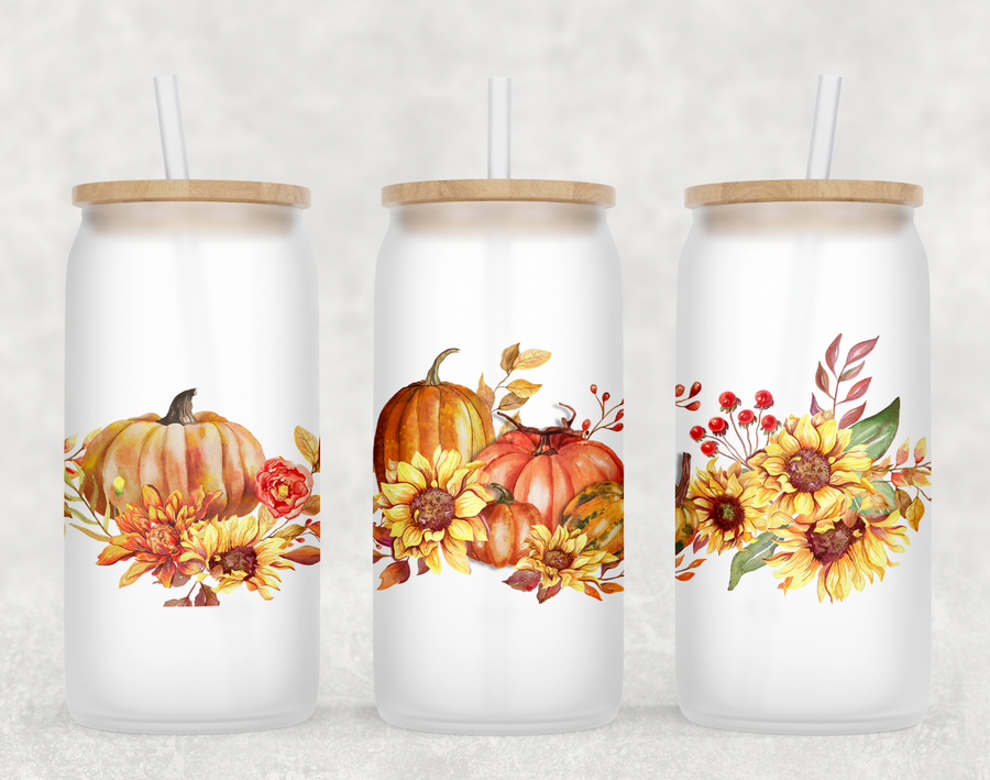 Fall Floral Pumpkin Glass Can Tumbler