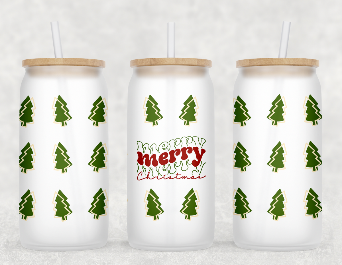Retro Merry Christmas Trees Glass Can Tumbler
