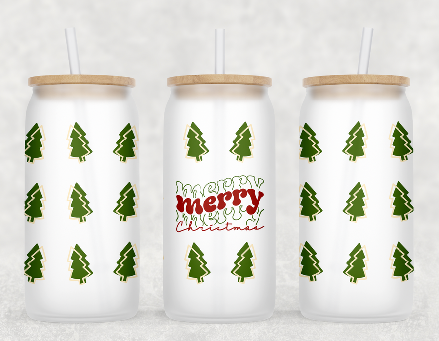 Retro Merry Christmas Trees Glass Can Tumbler