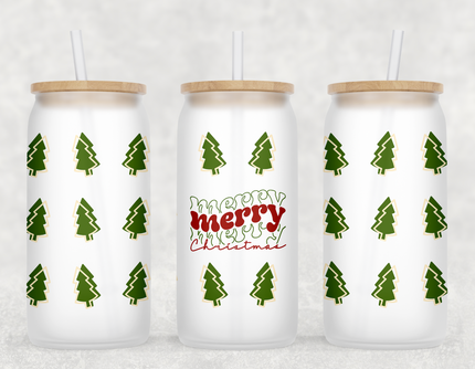 Retro Merry Christmas Trees Glass Can Tumbler