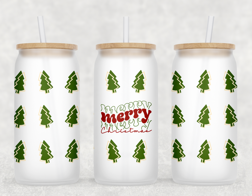 Retro Merry Christmas Trees Glass Can Tumbler