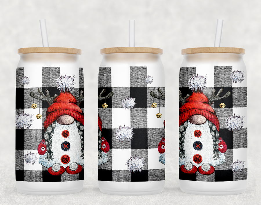 Plaid Christmas Gnomes Glass Can Tumbler