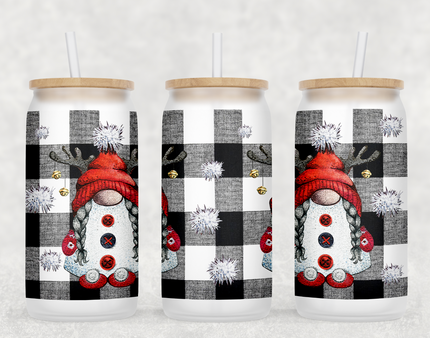 Plaid Christmas Gnomes Glass Can Tumbler