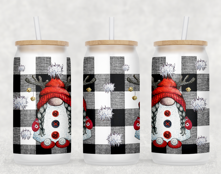 Plaid Christmas Gnomes Glass Can Tumbler