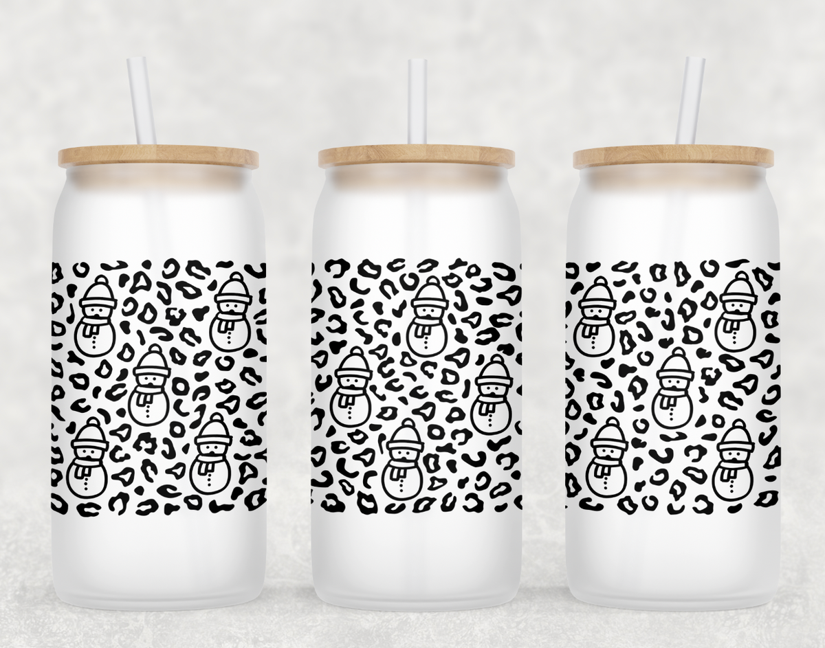 Leopard Snowman Glass Can Tumbler