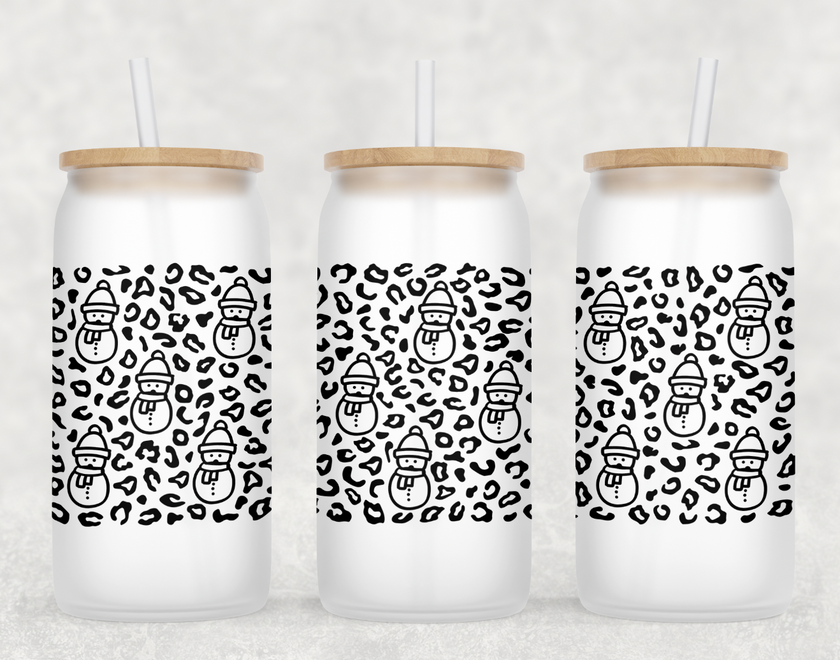 Leopard Snowman Glass Can Tumbler