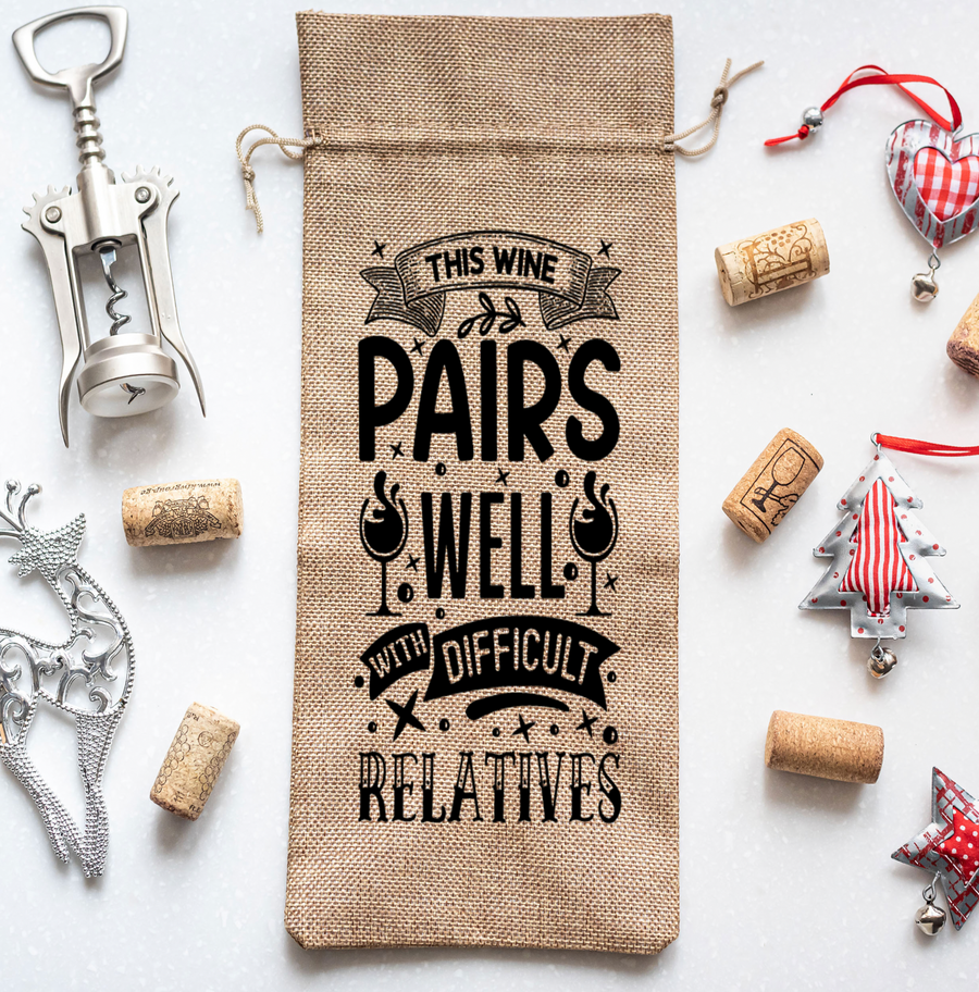 Difficult Relatives Burlap Wine Bag