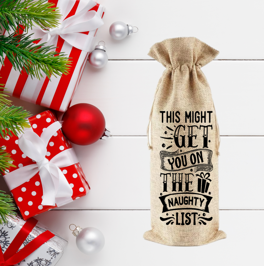 Naughty List Burlap Wine Bag