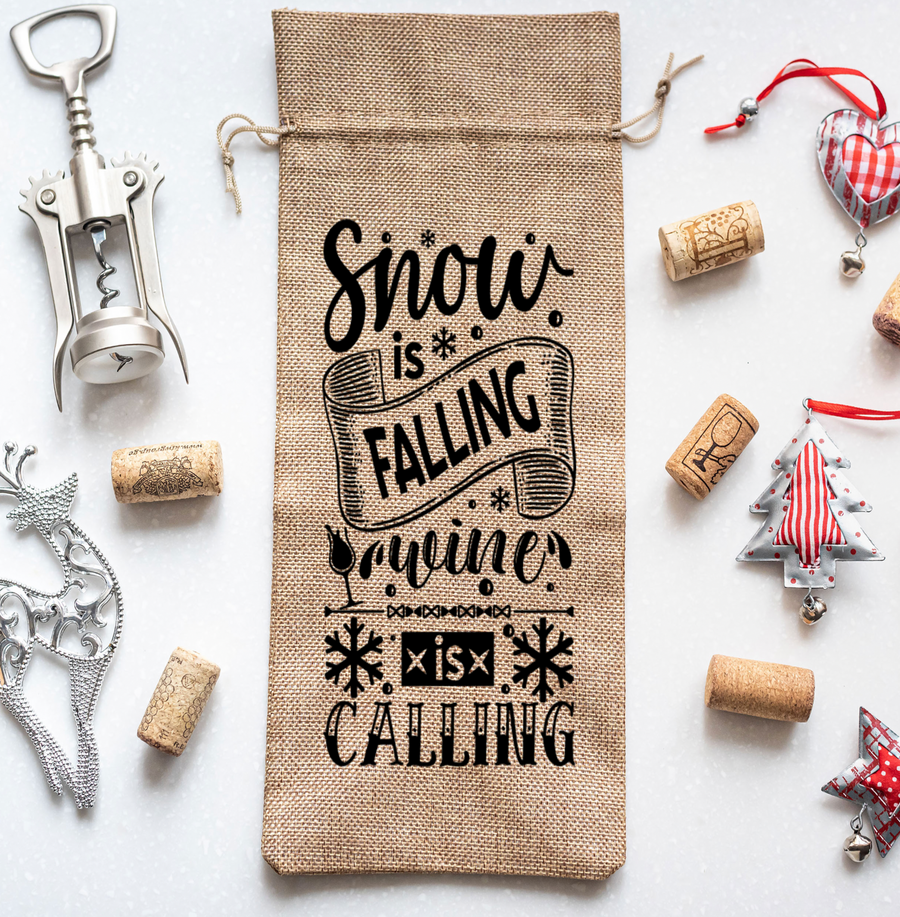 Wine Is Calling Burlap Wine Bag