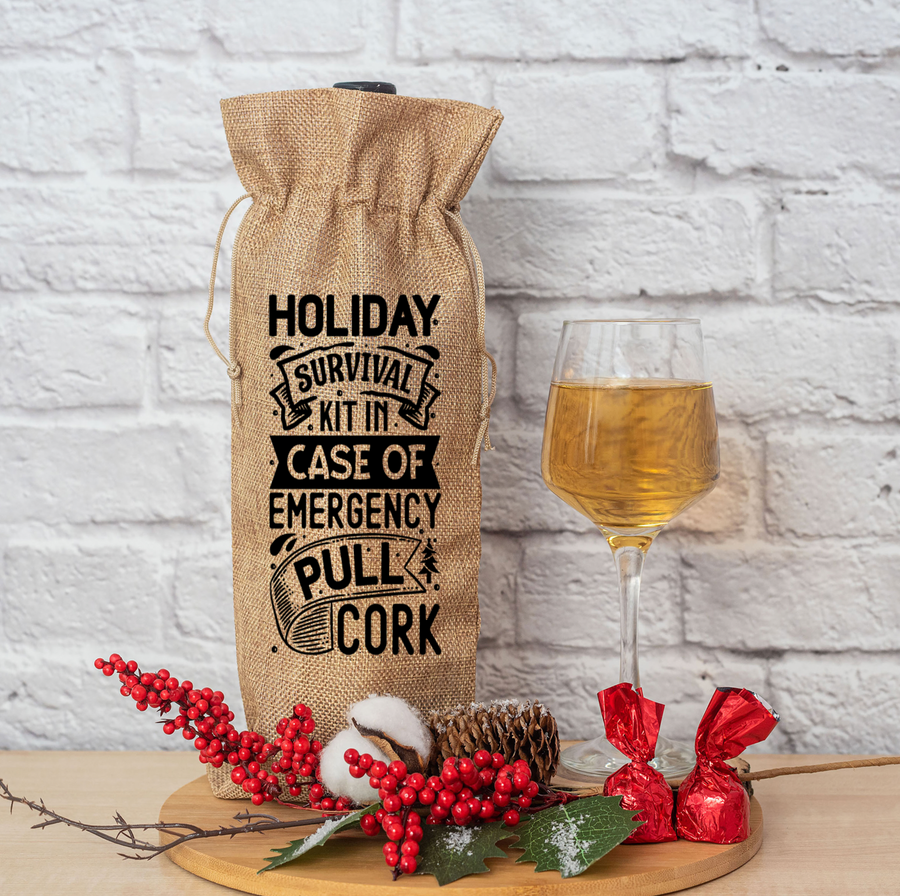 Holiday Survival Kit Burlap Wine Bag