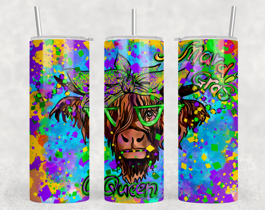 Highland Cow Mardi Gras Queen 20oz Skinny Tumbler