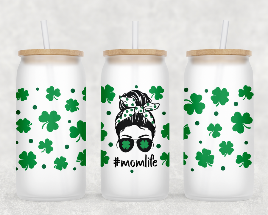 Shamrock Mom Life Glass Can Tumbler