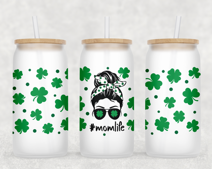 Shamrock Mom Life Glass Can Tumbler