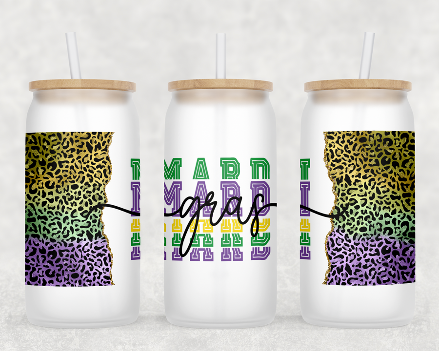 Leopard Mardi Gras Glass Can Tumbler