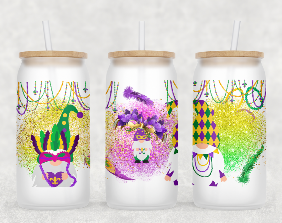 Mardi Gras Gnomes Glass Can Tumbler