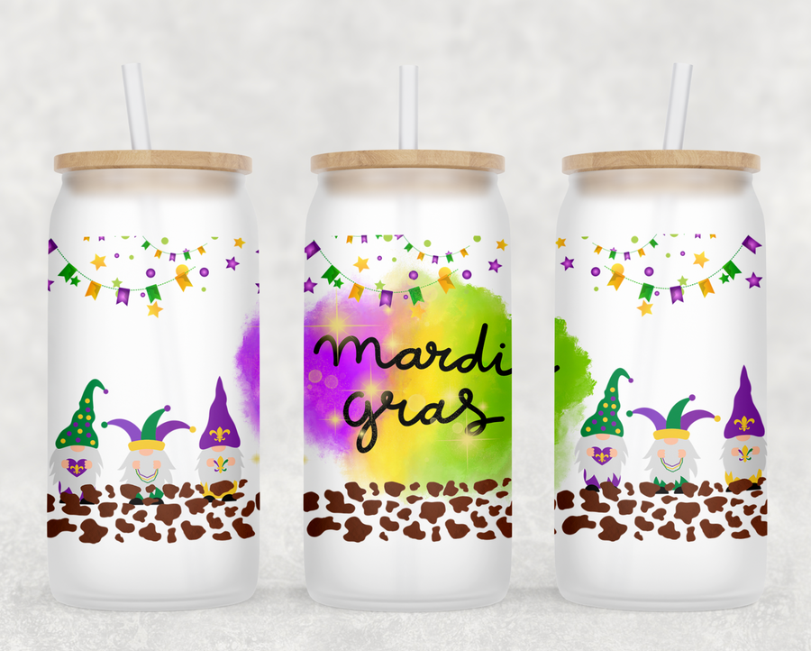 Neon Mardi Gras Gnomes Glass Can Tumbler