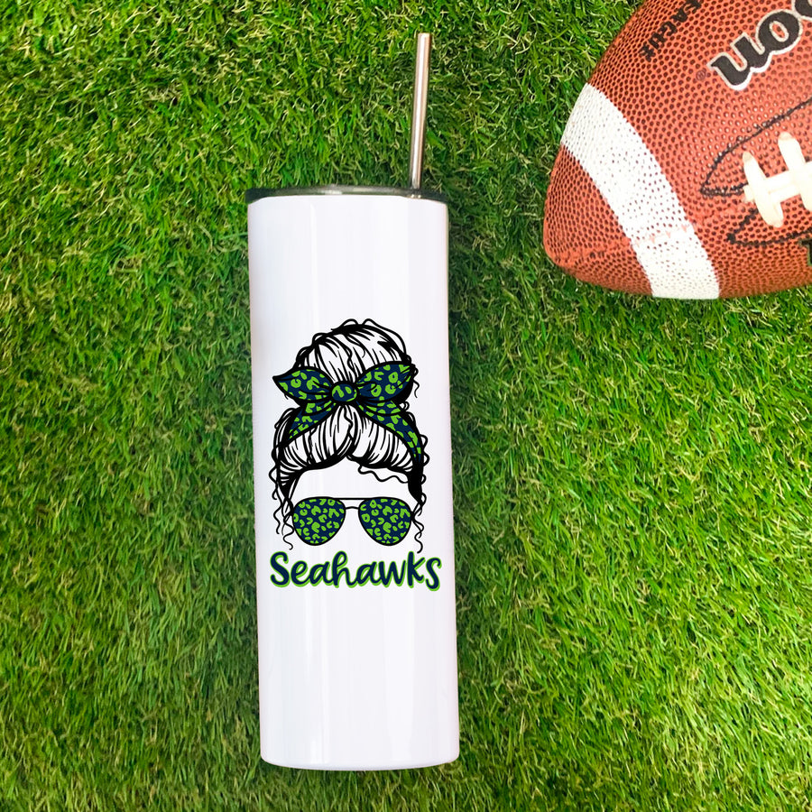 Seahawks Leopard Messy Bun Skinny Tumbler