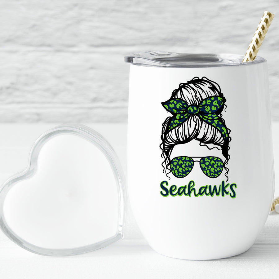 Seahawks Leopard Messy Bun Wine Tumbler