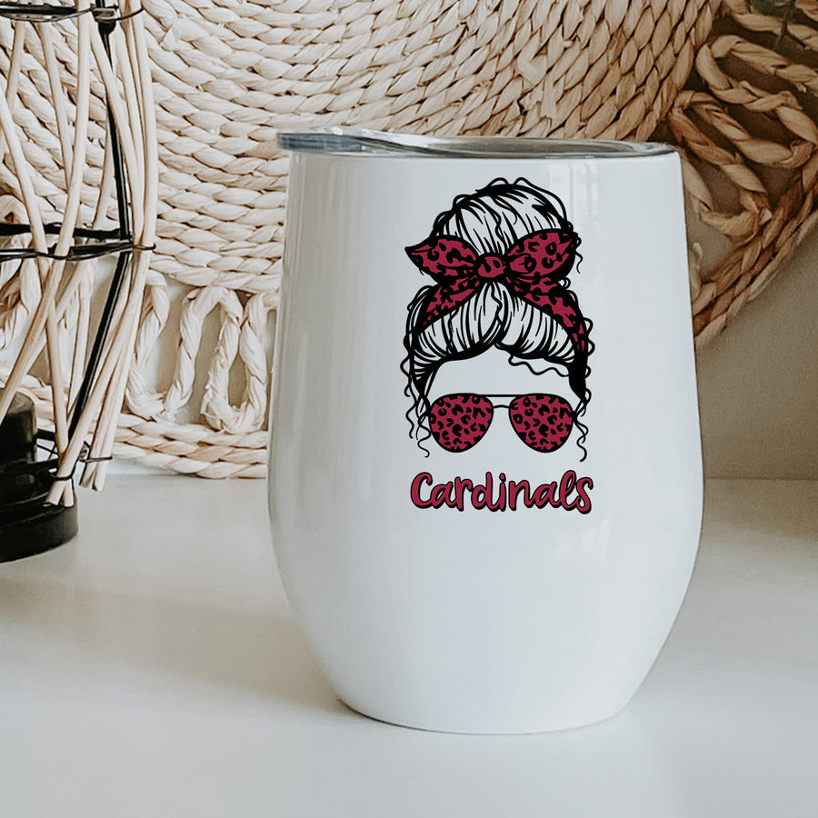 Cardinals Leopard Messy Bun Wine Tumbler