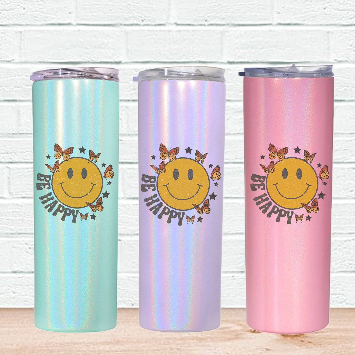 Be Happy Smiley Face Skinny Tumbler
